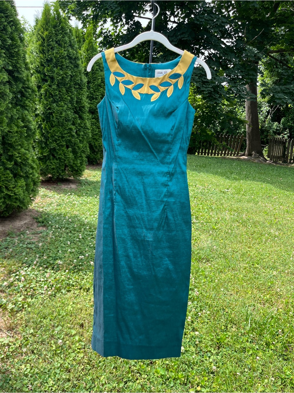 Bettie Page by Tatyana Teal Midi Dress with Gold Leaf Collar. Wiggle dress!!!